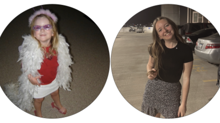 side-by-side images of Callahan Morton as a child and an adult